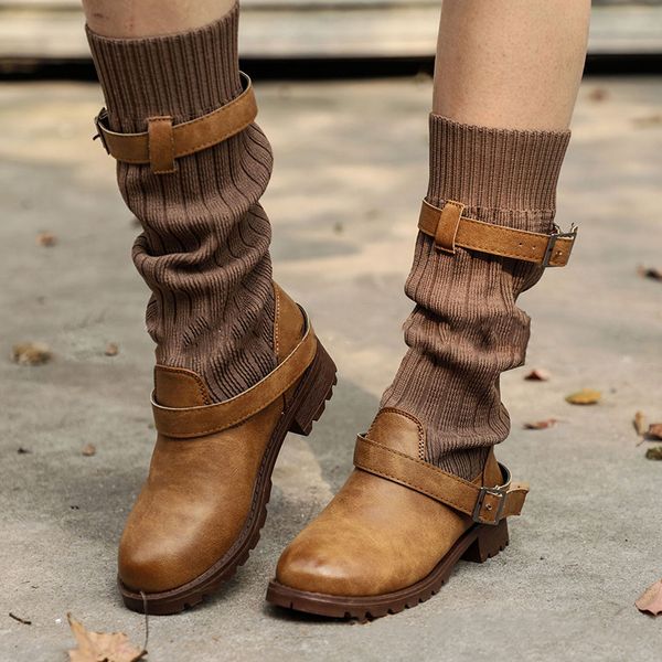 

2019 autumn winter women sock boots solid buckle slip on winter shoes mid calf round toe women boot bota feminina plus size 43, Black