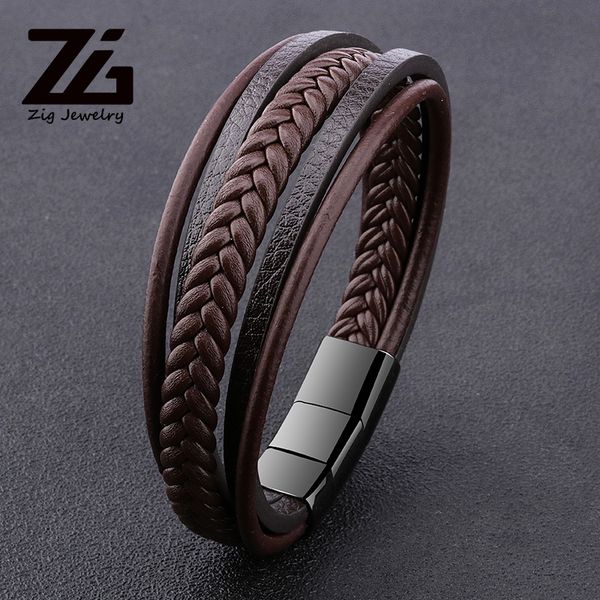 

zg men's new punk braid leather bracelet black adjustable stainless steel magnetic buckle wristband male jewelry gifts, Golden;silver
