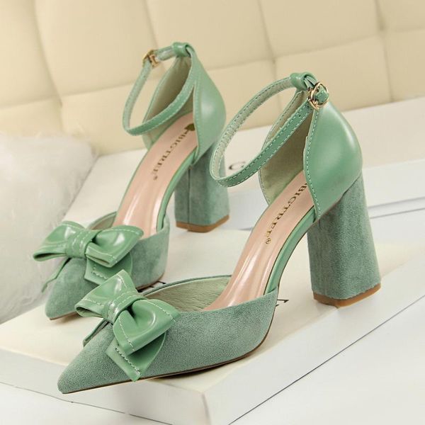 

828-23 korean-style sweet high heel shoes thick with high heels suede shallow mouth pointed hollow out a- line with bow sandals, Black