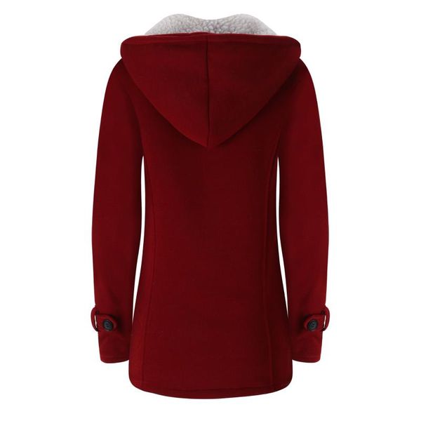 

womens winter fashion outdoor warm wool blended pea coat hooded horn buckle thickening cotton-padded clothes lambs jacket, Black