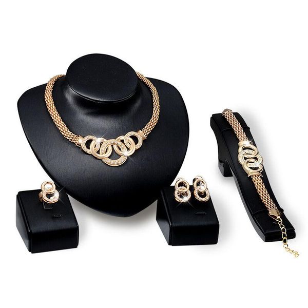 

classical 18k gold plated alloy cz crystal bracelets necklaces earrings rings jewelry set for women noble rhinestone circles wedding jewelry, Slivery;golden