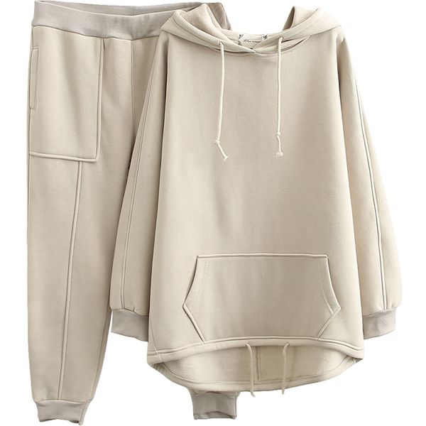 

женский сплошной цвет сгущает досуг спорт согревает флис зима толстовка с капюшоном костюмы негабаритный спортивный костюм комплект, White