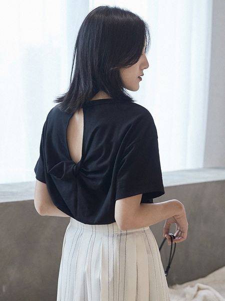 

women summer t-shirt female short sleeves tees back hollow out shirt 2019 new fashion t-shirt women cotton clothes ggz19066, White