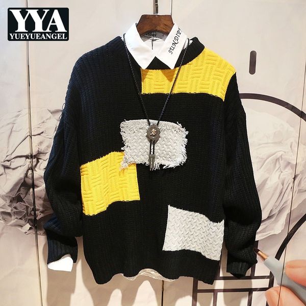 

men's sweaters autumn mens colors mixed spliced sweater o neck long sleeve loose fit male knitwear pullover letters casual, White;black