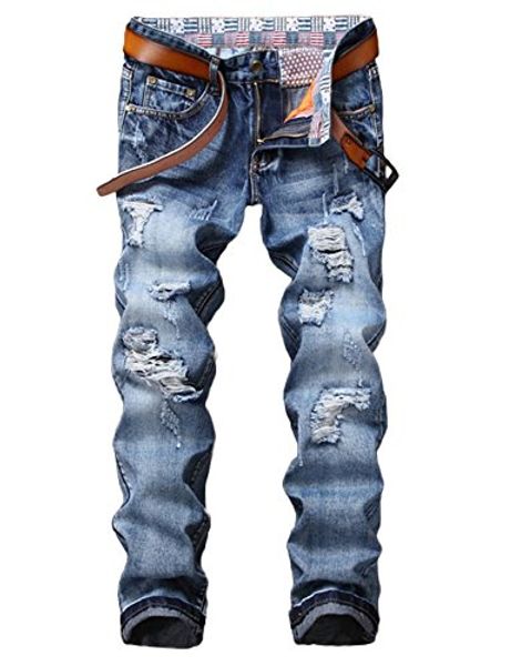 

men's skinny ripped distressed destroyed straight fit denim jeans, Blue