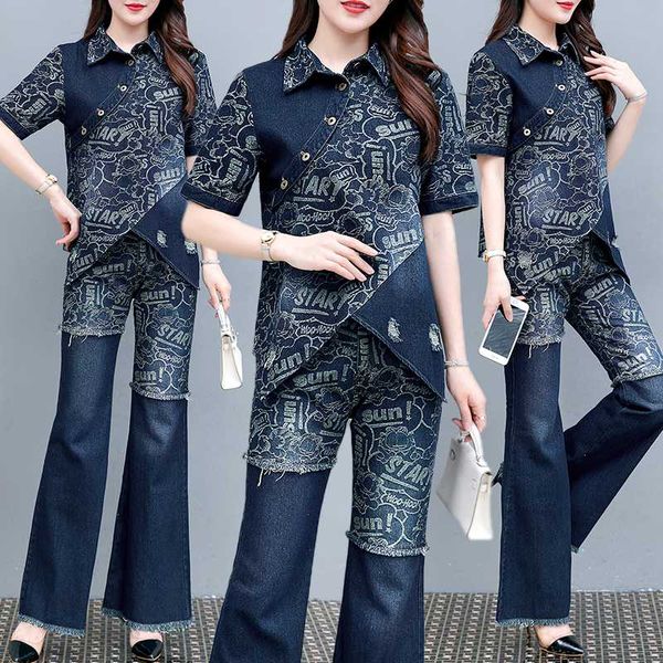 

summer women's large size vintage printed irregular denim +flared jeans female plus size fashion two-piece sets, White
