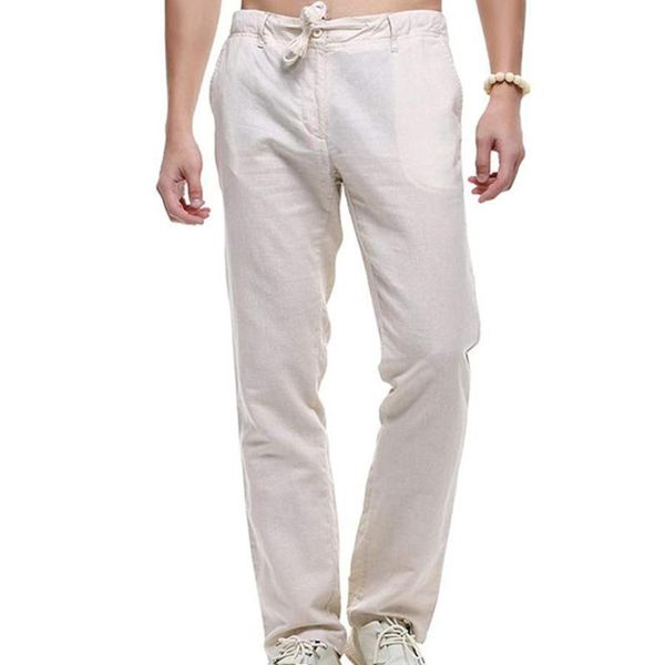 

heflashor men's summer solid pants cotton linen wide leg trousers white elastic waist straight men trousers joggers, Black