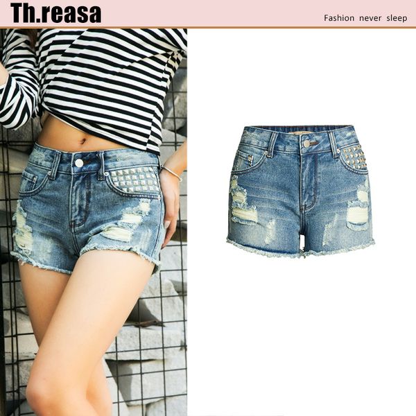 

2020 new designer denim rivet shorts for women fashion tassel ripped jeans summer style short jeans brand clothing plus size, Blue