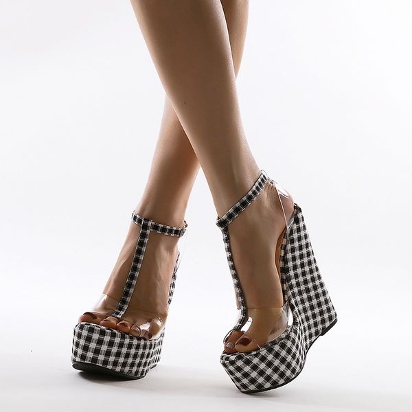 

sandals dames sandalen femme transparent heels wedges for women 16cm heel platform hight sandles, Black