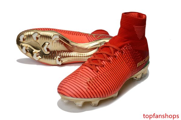 

red gold children soccer cleats mercurial superfly 100% original kids soccer shoes high ankle cristiano ronaldo mens womens football boots