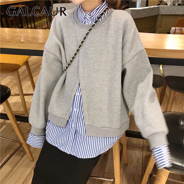 

galcaur patchwork striped asymmetrical sweatshirts female double-layer batwing long sleeve sweatshirt for women fashion 2019 new