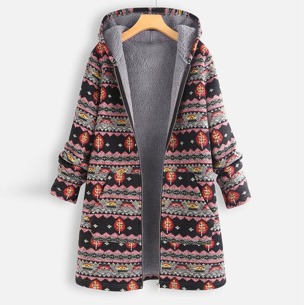 

2019 fashion womens coat winter warm coat women outwear floral print hooded pockets vintage oversize coats print womens#j30, Black