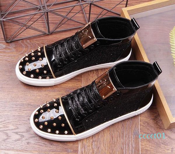 

luxury designer trendy men sequin rivet lace-up high flat casual shoes party masculino homecoming moccasins shoes for young man 01ct, Black