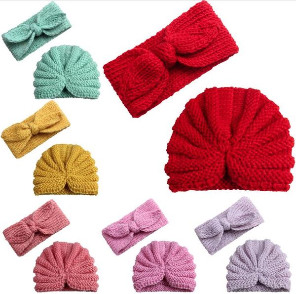 Neue Herbst- und Wintermützen, zweiteilige warme Wollmützen für Kinder, Baby-Hasenohren-Haarband-Strickmütze WY733