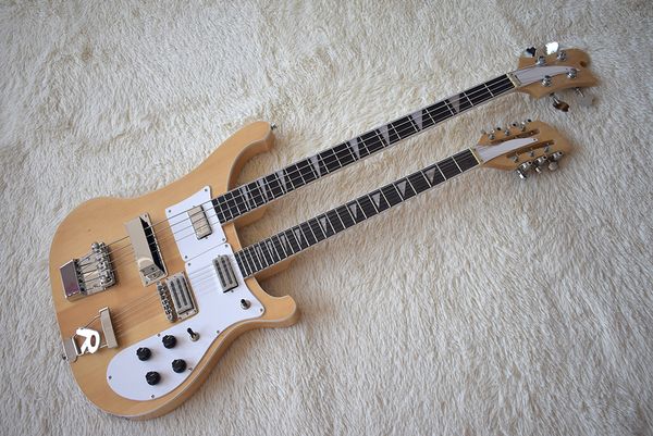 

factory custom double neck natural wood color electric bass and guitar with 4+12 strings,white pickguard,can be customized
