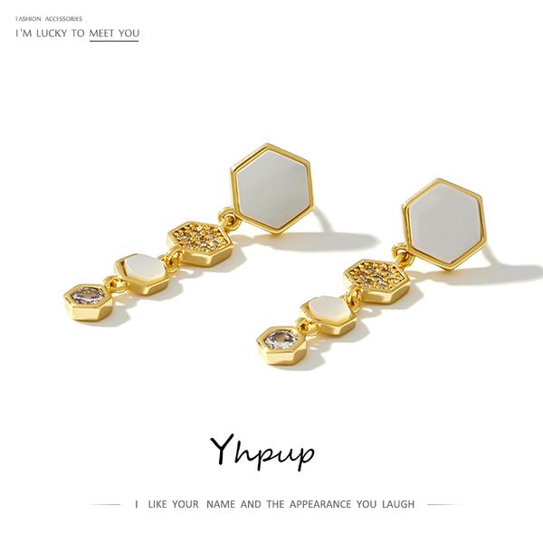 

yhpup trendy cz dangle earrings natural shell geometric brincos metal 18 k jewelry for female party accessories gift new, Silver