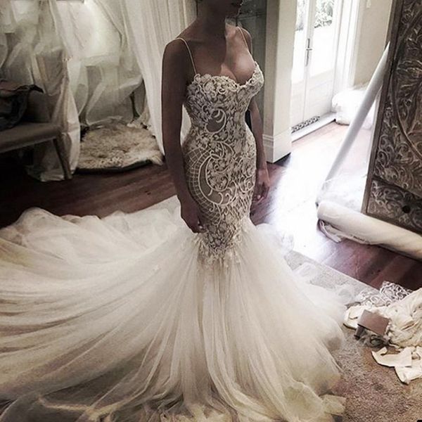 

mermaid wedding dresses 3d lace appliques spaghetti straps simple bridal dress beach bohemia custom made tulle wedding gowns, White