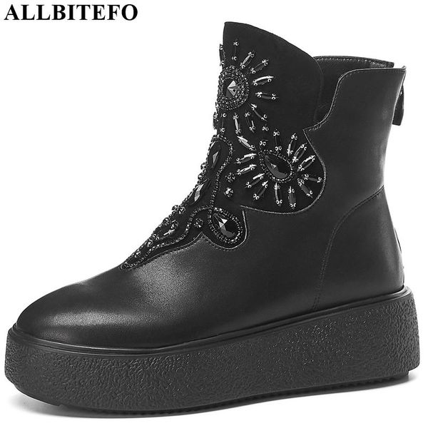 

allbitefo genuine leather ankle boots round toe concise women boots autumn winter fashion high quality, Black