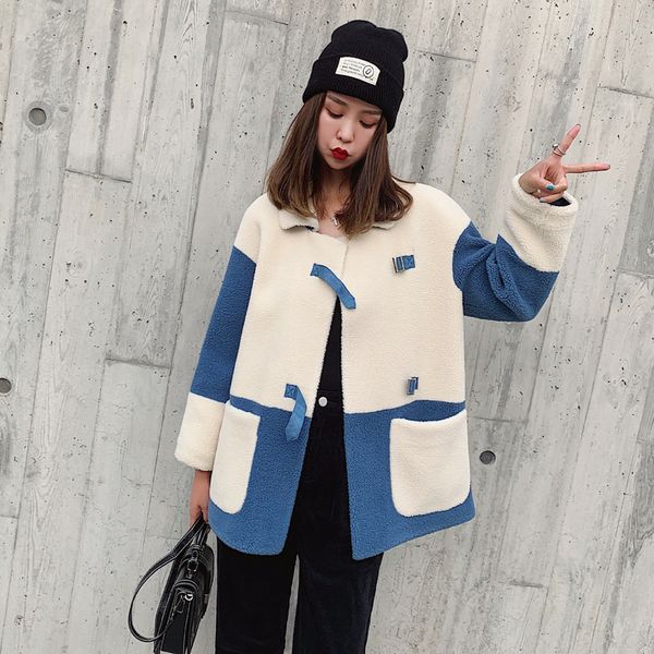 

ewq]long sleeve turn-down collar patchwork pocket wool jacket 219 autumn new sweet loose trend coat feminino qk611, Black
