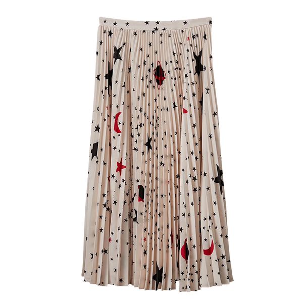 

2020 spring and summer fashion dress high waist bump color star-moon space print pleated full-length dress apricot black