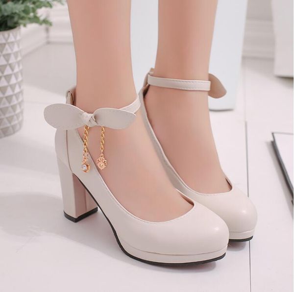 

korean bride shoes beige wedding dress shoes bow buckle round head high heels rough single shoes ladies high heels three colors select, Black