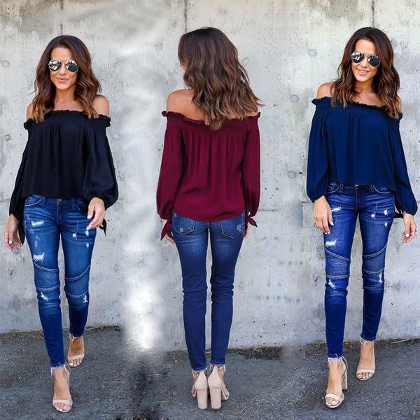 

women long sleeve chiffon blouses 2019 casual slash neck off the shoulder chiffon shirts vintage plus size and blouses, White