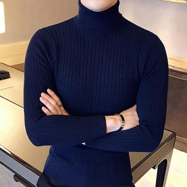 

casual men winter solid color turtle neck long sleeve twist knitted slim sweater, White;black