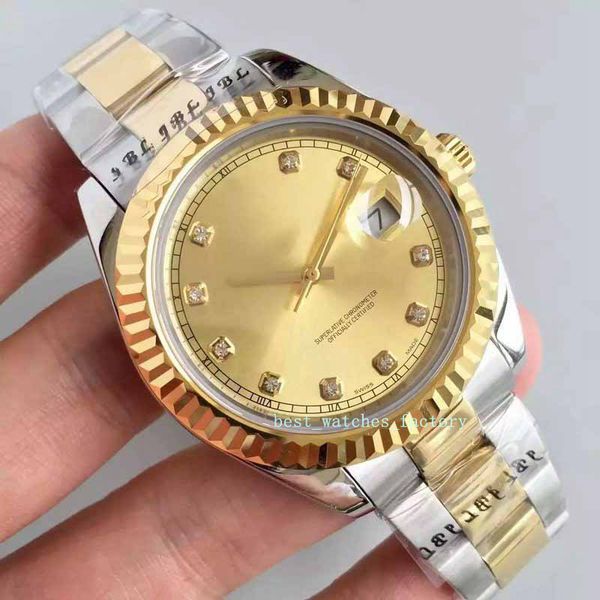 

asian 2813 41mm gold steel ring gear champagne face diamond label 126333 stainless steel automatic men's watch christmas, Slivery;brown