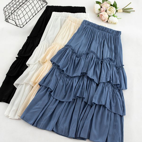 

new summer elegant pleated irregular ruffles skirts women casual slim high waist skirt sweet solid a-line party skirt lady mw667, Black