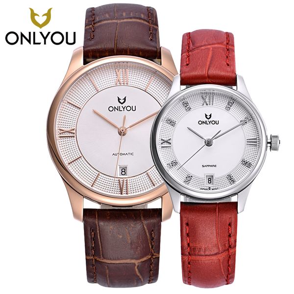 

onlyou watches for lover auto date self-winding analog brown leather man wristwatch leisure lovers watches 6005, Slivery;brown