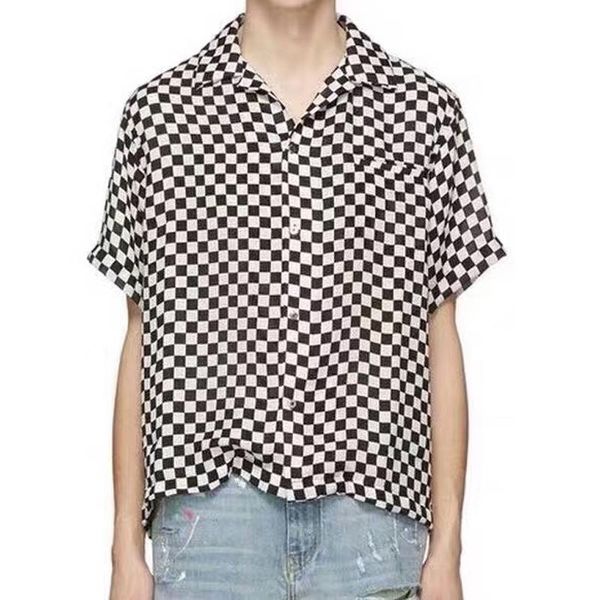 

19fw am1r1 black and white squares shirt fashion short sleeve shirt men women couple casual shirts street turn-down collar hfhlcs011, White;black