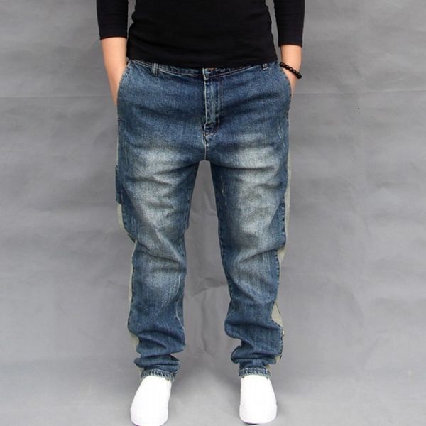 

men's jeans fashion mens loose fit harem pants plus size long trousers washed casual drop crotch high street hip hop denim pant, Blue