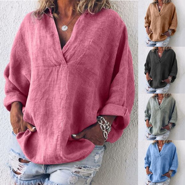 

2019 womenlinen shirts and blouses spring casual loose solid color shirt fashion v neck summer ladies clothing plus size 4xl 5xl, White