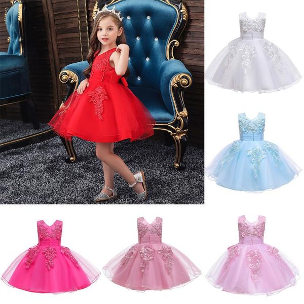 

lace flower embroidery princess dress for wedding party vestidos children girls sleeveless formal ball gown dresses robe fille, Red;yellow