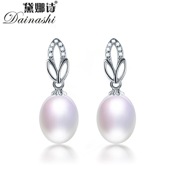 

dainashi 100% genuine freshwater cultured oval pearl drop earrings fine jewelry 925 sterling silver zircon earrings for women, Golden;silver