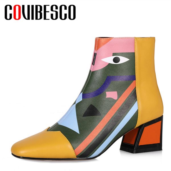 

covibesco fashion brand women genuine leather ankle boots high heels zipper autumn winter motorcycle boots short shoes woman, Black