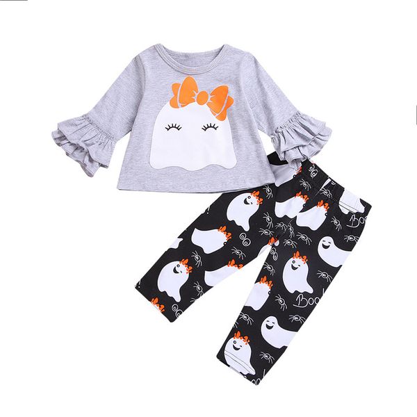 

kids girl halloween clothing set long sleeve cartoon printed + ghost waist elastic band pants suits kids girl designer clothes, White