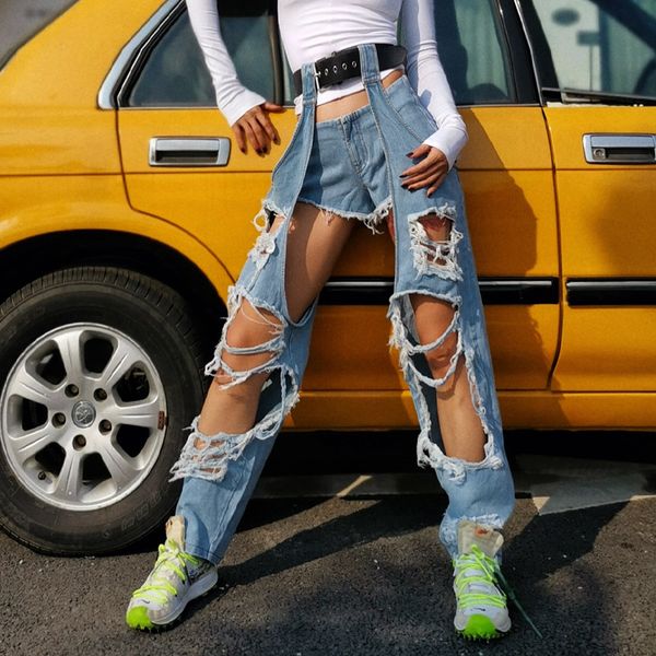 

2020 spring summer new harajuku designer stylish women hole destroyed beggar denim jeans europe casual long pants two piece set, Blue