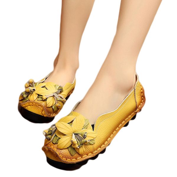

women handmade genuine leather shoes national wind flowers flat shoes women retro soft bottom flat autumn flats, Black
