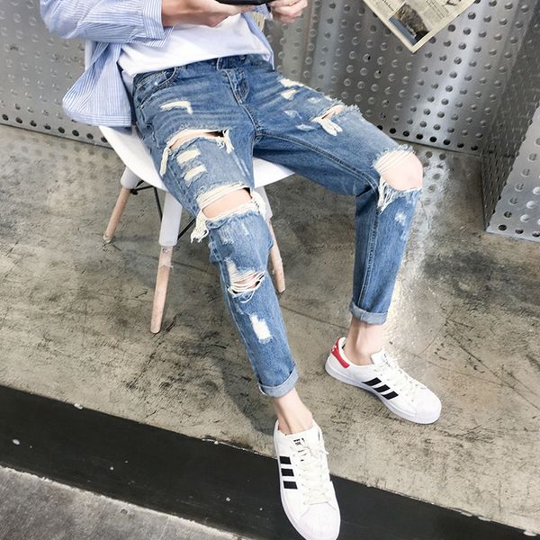 

autumn new jeans men slim fashion solid color washed tear hole denim pants man streetwear wild hip hop trousers male clothes, Blue