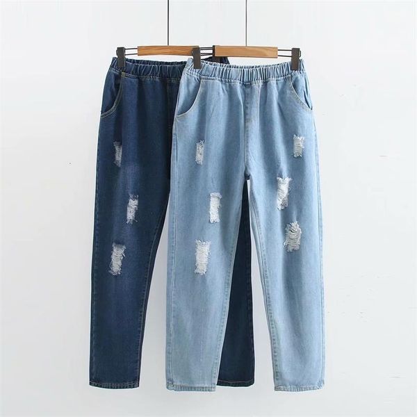 

plus size blauw & sky blue ripped vrouwen jeans broek casual lente & herfst hoge taille dames denim broek