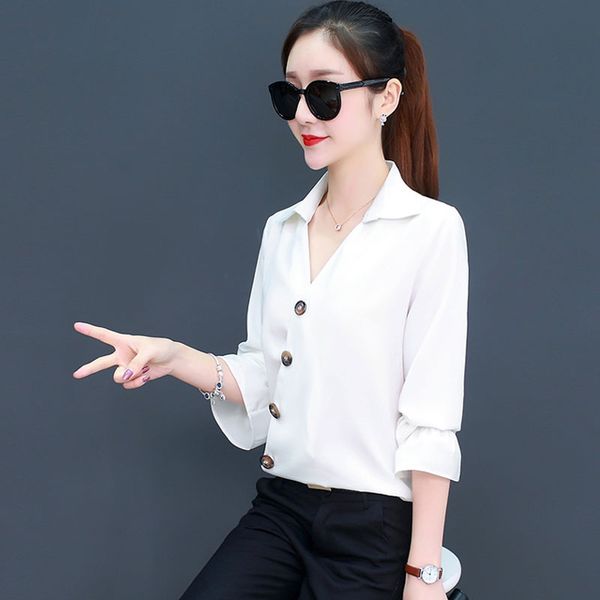 

women's blouses & shirts chiffon women long-sleeved spring 2021 korean loose fashion shirt v-neck blousa female top, White