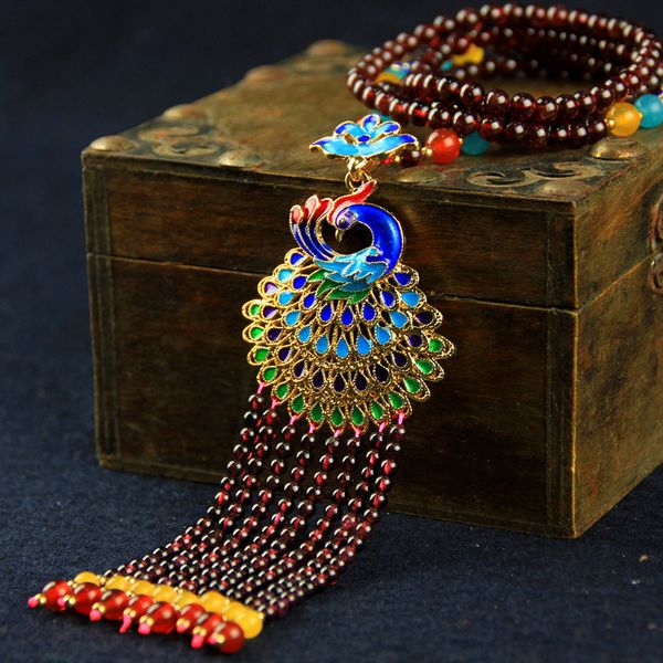 

natural red chalcedony garnet necklace for women lucky stone jade pendant necklace peacock flower cloisonne craft, Silver
