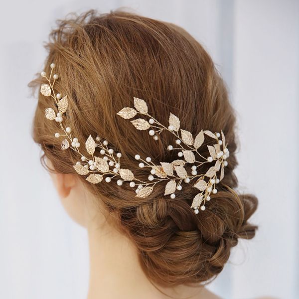 

women golden alloy leaf bridal headdress beaded wedding hair accessories 2020 modern female jewelry birthday gift, Golden;white