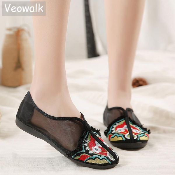

veowalk summer women gauze embroidered slip on flat shoes breathable comfortable soft ladies air mesh ballet flats, Black
