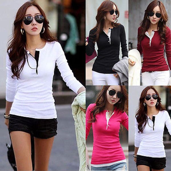 

fashion women o-neck tee long sleeve shirt casual blouse slim shirt, White