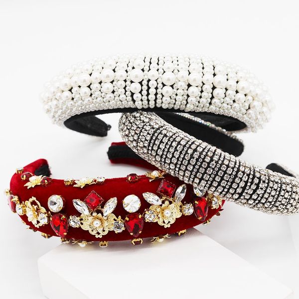 

luxury atmosphere personality baroque headband baroque heavy industry fashion wild rhinestone pearl metal flower headband 527, Golden;white