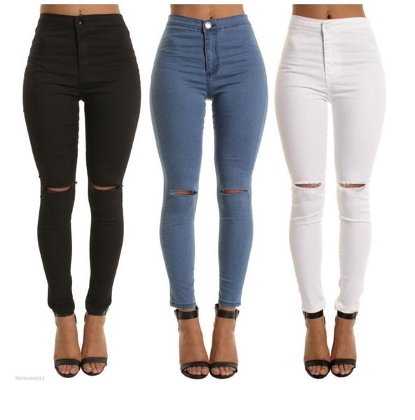 

2020 female summer europe shi shang kuan elastic thin knee hole feet jeans, Blue
