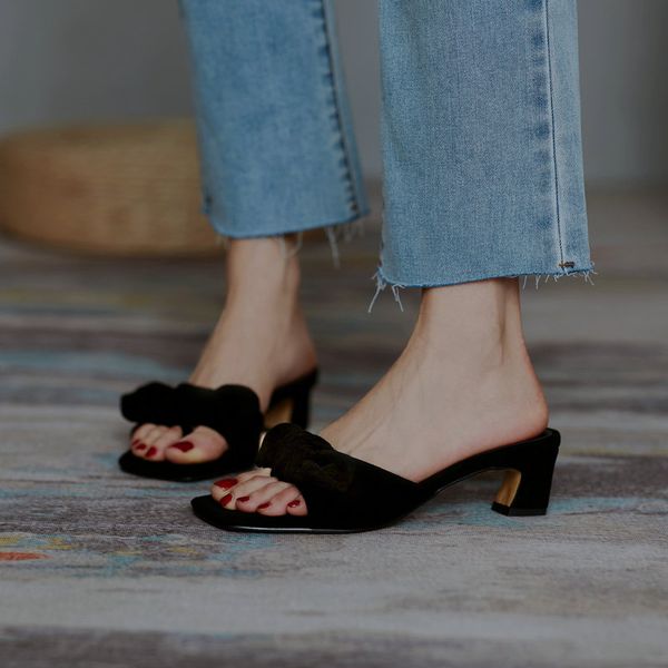 

4.5cm heels slippers for women vintage women sandals spring summer wedding party slippers classic design shoes woman, Black
