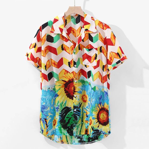 

summer men's shirts blouse hawaiian sunflower print pocket short sleeve round hem loose beach men dress shirts clothing, White;black